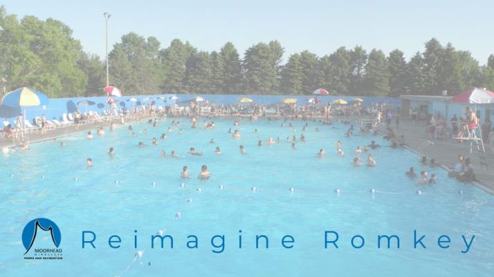 This is a photo of Romkey Pool during the summer with people swimming and the text reimagine Romkey over the top of the image and the Parks and Rec logo